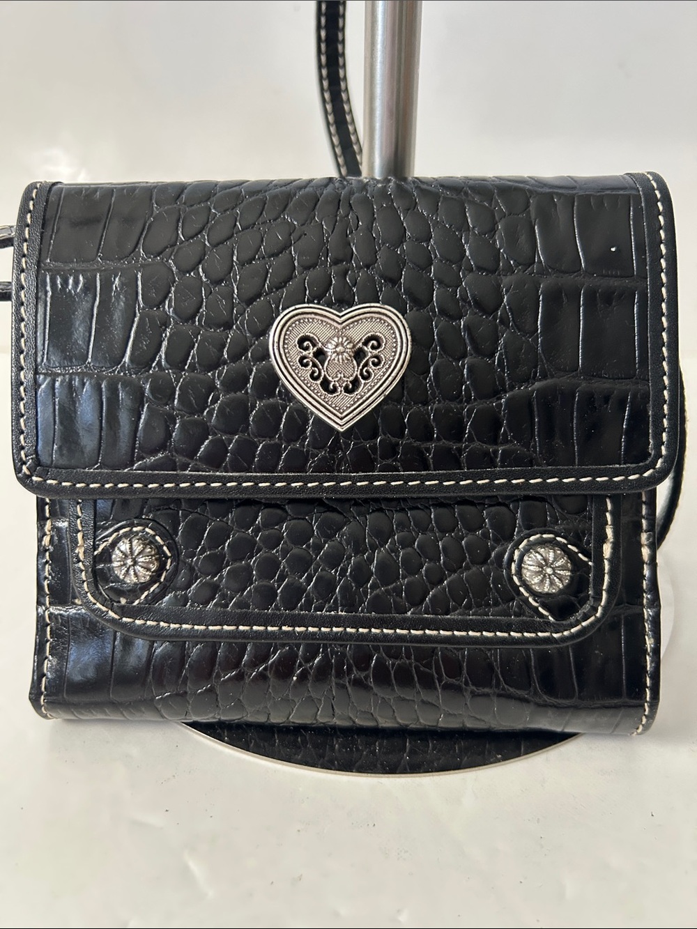 Vintage Brighton Black Croc Embossed Leather Crossbody Bag NWOT